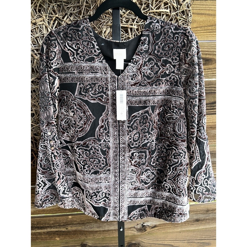 New $99 Chico's Women's Brown/Black Velvet Burnout Tunic Top Size 0 (4-6)